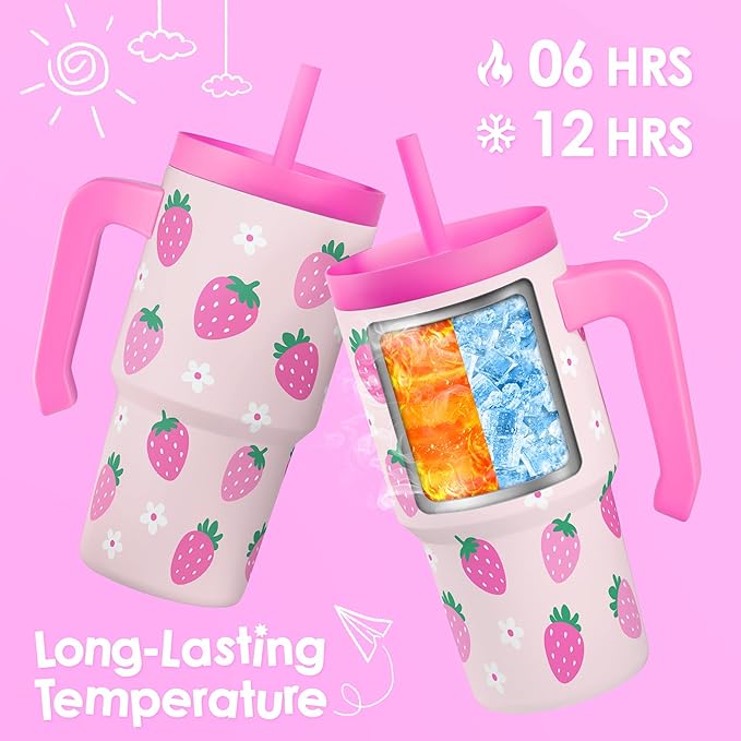 Strawberry Tumbler 20oz with Handle and Silicone Straw Lid for Kid, Insulated Stainless Steel Cup, Gift for Kids Girls, Gifts Idea for Birthday Christmas Back to School - Bloomnest