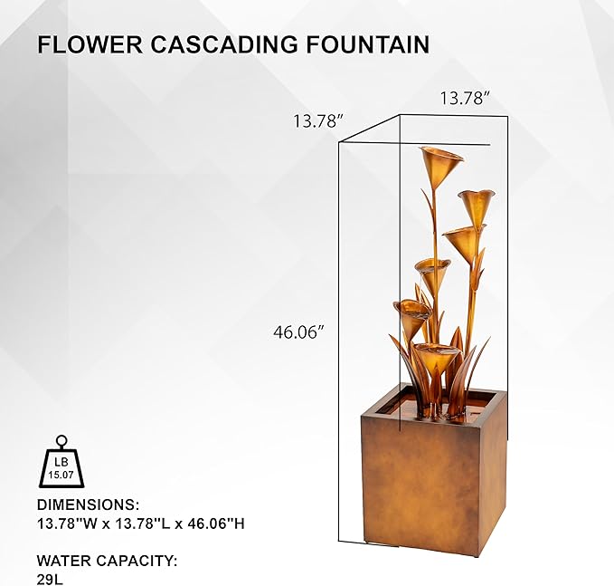 XBrand Freestanding Sculptural Metal Multi-Tiered Flower Water Fountain, No LED Lights, Bronze, 46" Tall