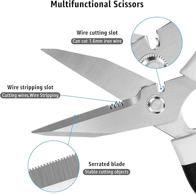 8-Inch Heavy Duty Utility Scissors All Purpose, Serrated Blade, White Comfort Grip for Cutting Carpet, Cardboard, Leather, Fabric, Multipurpose Sharp Shears for Kitchen, Garden, Office, Carft - Bloomnest