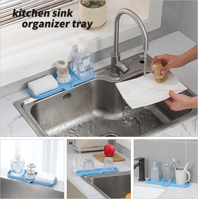Silicone Bathroom Soap Dishes with Drain Spout-Bathroom and Kitchen Sink Organizer,Sponge Holder,Dish Soap Tray,Perfect for Dispenser,Scrubber,Bottle on Sink or Counter-Light Blue 12"×4" - Bloomnest