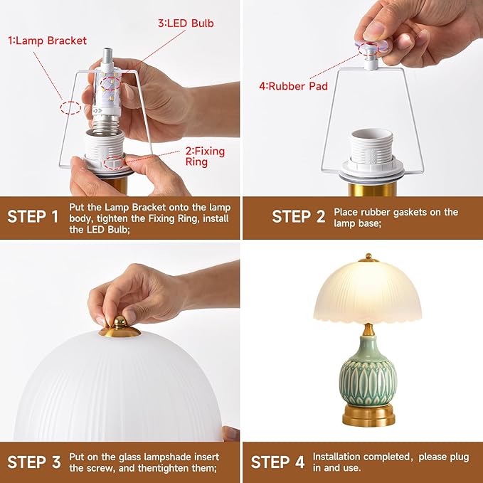 Table Lamps for Bedroom Vintage Golden Table Lamps for Bedroom Ceramic Retro Lamp for Living Room,16" Modern Bedside Nightstand Traditional Lamps, Classic Chinoiserie Green Glass Lamp for Home Decor - Bloomnest