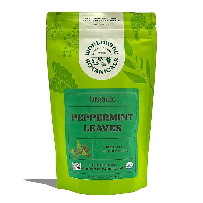 Worldwide Botanicals Organic Peppermint Loose Leaf Tea, 4 oz - Pacific Northwest Organic Cultivation, Highly Aromatic Digestive Tea, Antioxidant, Caffeine Free - Bloomnest