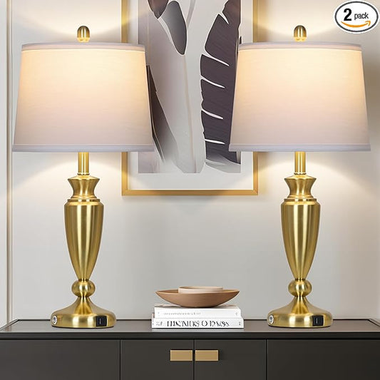 27'' Gold Table Lamps for Living Room with White Lampshade, 3 Way Touch Control Bedside Lamps Set of 2 with USB A+C Ports, Modern Metal Nightstand Lamp for Bedroom Office End Table - Bloomnest