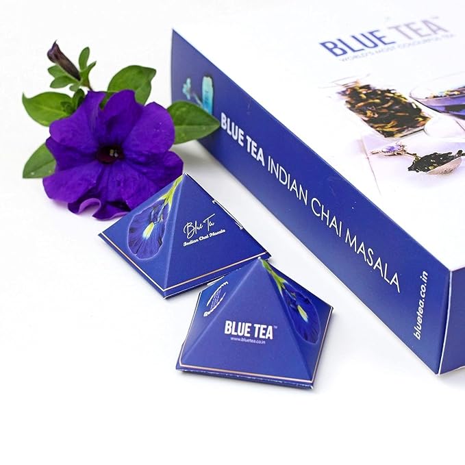 BLUE TEA - Indian Chai Masala - 12 Count - Pyramid Plant Based Tea Bag | Butterfly Pea Flower | Flower & Indian Spices Based | Caffeine Free - Detox Tea - Herbal Tea - Non Bitter | Gifts Box - Bloomnest