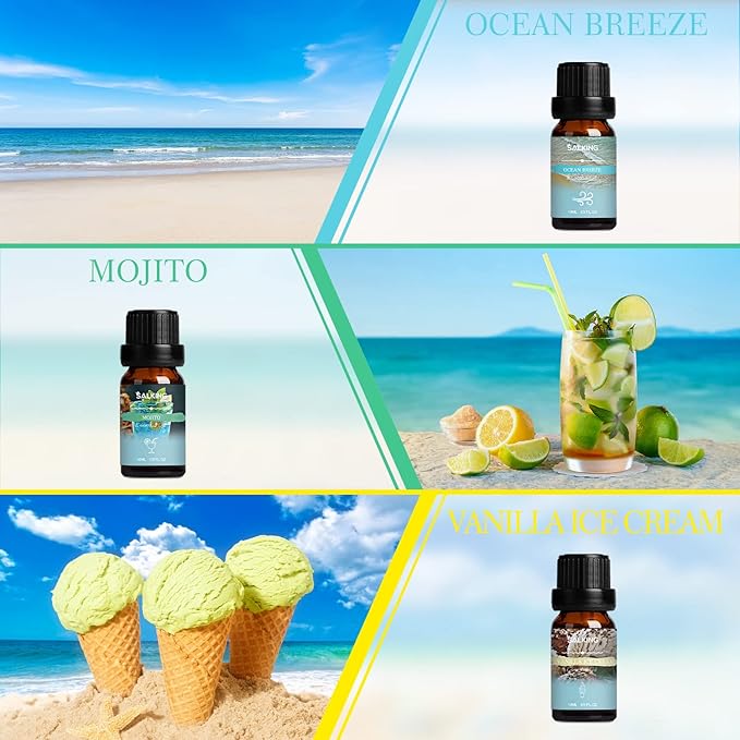 SALKING Summer Fragrance Oils Set, Premium Essential Oils Gift Set for Diffuser, Scented Oil for Soap & Candle Making - Ocean Breeze, Mojito, Coconut, Pineapple, Watermelon, Vanilla Ice Cream - Bloomnest