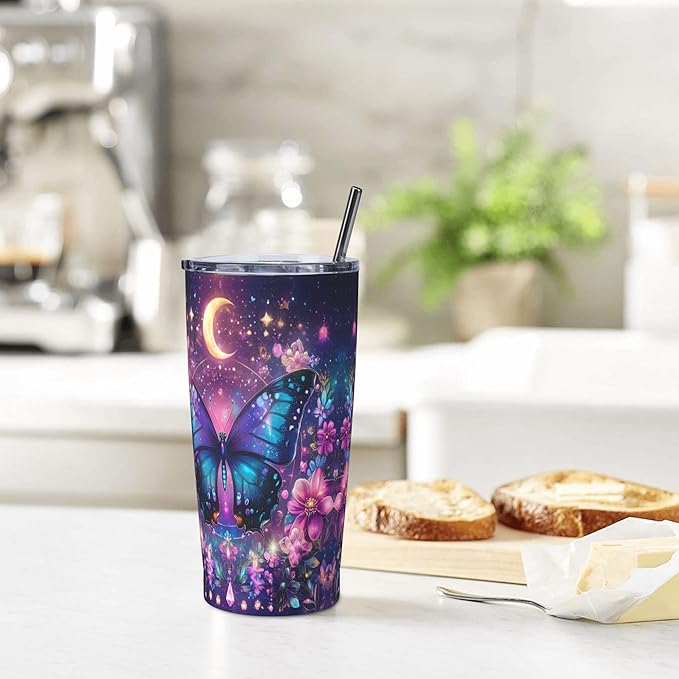 Butterfly Tumbler with Lid and Straw 20 oz Stainless Steel Cup Insulated Tumbler Coffee Mug for Home Office or Car Christmas Birthday Gifts - Bloomnest