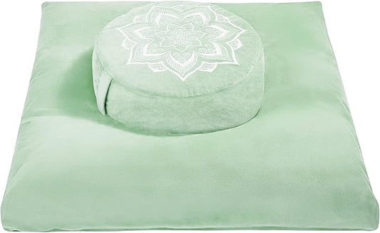 Meditation Zafu Cushion Set with Buckwheat Hulls & Memory Foam - Ergonomic Support for Yoga & Sitting - Removable Machine-Washable Luxury Velvet Cover - for Adults and Kids (Sage Green)