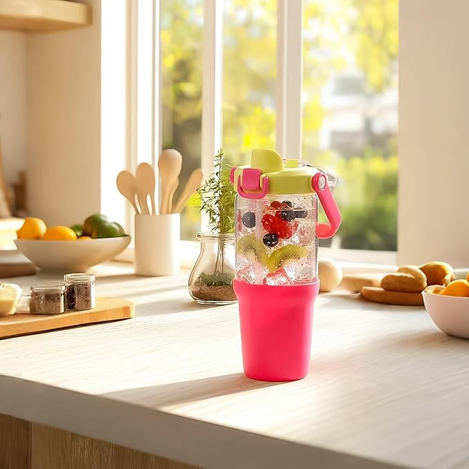 Glass Tumbler with Carry Handle, Clear Glass Water Bottle with Leakproof Lid, Spout Lid&Straw, BPA-Free, 32 oz, Bright Pink - Bloomnest
