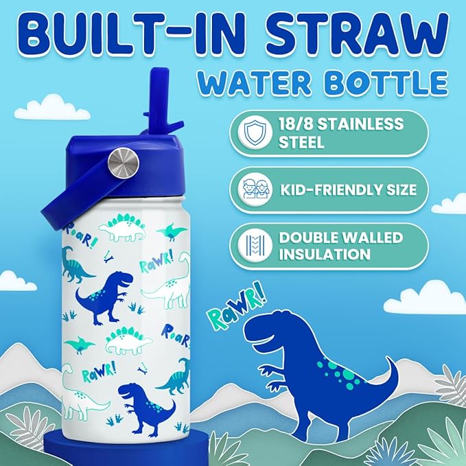 SANDJEST Dinosaur 12 oz Insulated Stainless Steel Water Bottle with Straw Lid - Thermos for Kids & Teens - School, Sports, Travel Cup - Bloomnest