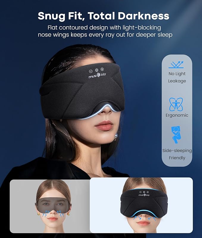MUSICOZY Bluetooth Sleep Headphones 5.4, Wireless Over-Ear Headphones with Built-in HD Stereo Speakers, Cooling Eye Mask Design, 14H Playtime, Washable, for Side Sleepers, Travel & Relaxation - Bloomnest