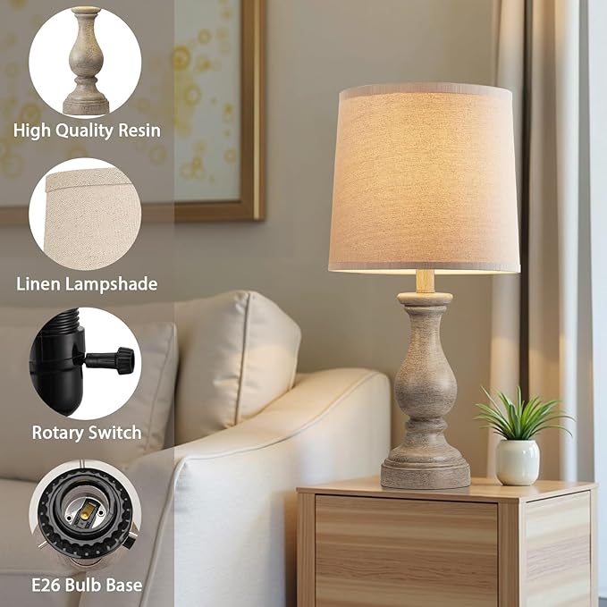 Seealle Farmhouse Table Lamps Set of 2 - Rustic Lamp for Bedroom Living Room, 22" Boho Bedside Lamps for Night Stands End Table Office Desk Lamp Nightstand with Linen Shades(Wood Painted) - Bloomnest