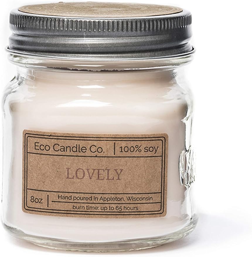 ECO CANDLE CO. Mason Jar Candle, Lovely, 8 oz. - Scents of Lavender, Rosewood, Orchid, Bergamot, Cedarwood, & Musk - 100% Soy Wax, No Lead, Kraft Label & Antiqued Pewter Lid, Hand Made - Bloomnest