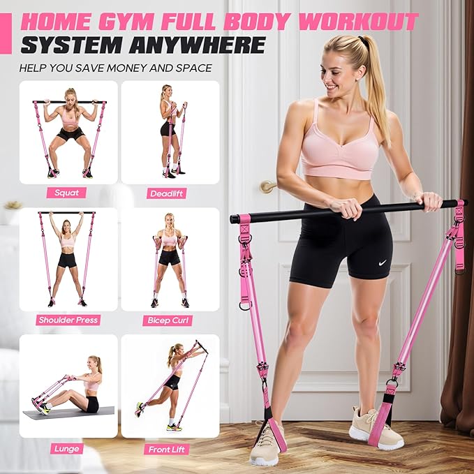 Pilates Bar Kit with Resistance Bands, Heavy Duty Pilates Equipment for Men, Strength Training Bar for Legs, Hip, Back, Arm, Abs, Chest, Shoulders, Portable Home Gym Full Body Workout Equipment - Bloomnest