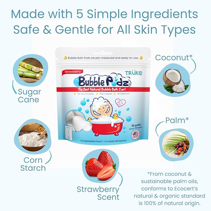 TruKid Bubble Podz Bubble Bath for Kids, Toddlers, & Babies, Tear Free Gentle & Refreshing Bath Bomb for Sensitive Skin with Natural Moisturizers, Non-Toxic, pH Balanced, Strawberry Scent (24 Podz) - Bloomnest