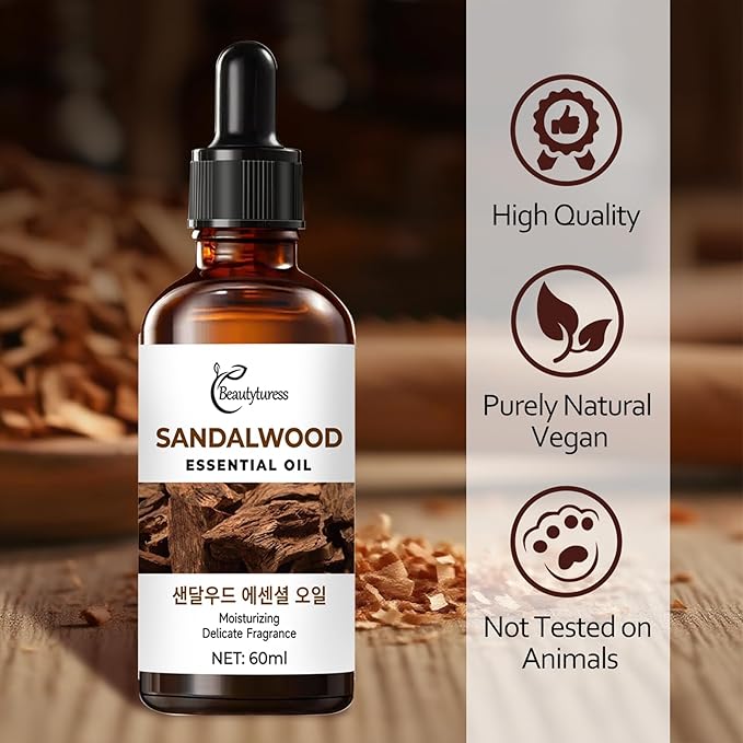 Sandalwood Essential Oil – Natural Premium Grade Aromatherapy Oil, Skin Care – Undiluted Therapeutic Oil with Dropper, 60ml Amber Glass Bottle OKADY