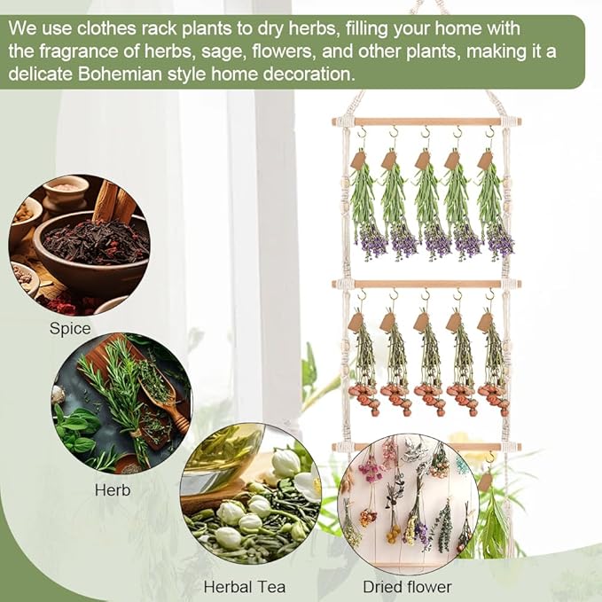 3-Tier Hanging Herb Drying Rack, Includes 25 Gift Tags & 32ft Natural Jute Twine, Handwoven Hanging Herb Dryer Rack Plant Hanger for Drying Herbs, Flowers, Sage(COLOR:Beige) - Bloomnest