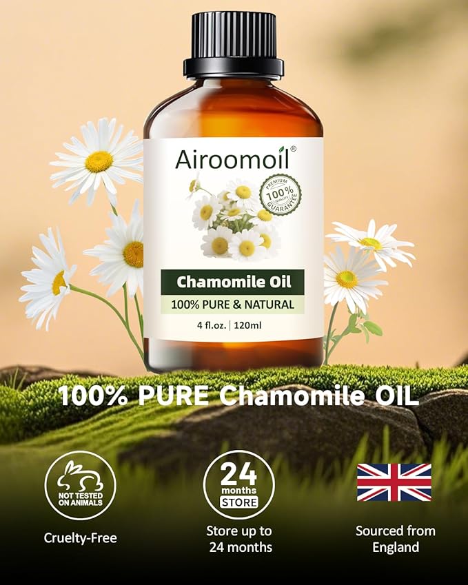 Chamomile Essential Oil for Diffuser & DIY, 100% Pure Chamomile Oil, Gentle Floral Aroma for Bedroom, Suitable for Skin Dilution, Aromatherapy, Blending & Crafting, Large 4 fl oz / 120 ml Airoomoil