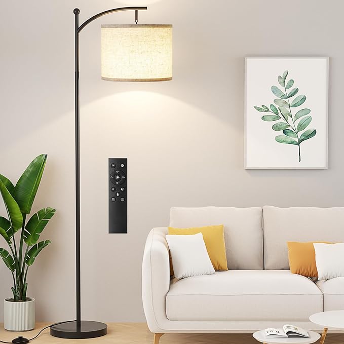 Ambimall 60" Floor Lamp with Remote Control and Stepless Dimmable Bulb, Colors Temperature & Brightness Adjustable, Modern Floor Lamps for Living Room（Beige Shade & Black Pole） - Bloomnest