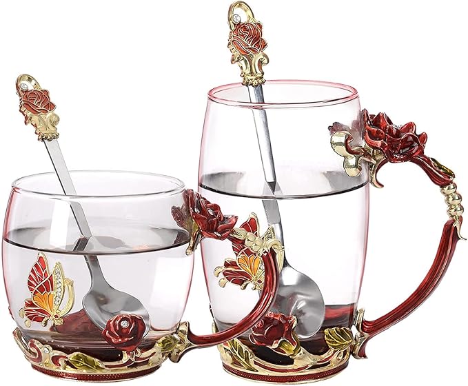 Glass Coffee Cup Tea Mug & Gifts with Spoon Set Handmade Enamel Butterfly Rose Flower for Mothers Day Gift, Women (2 Red Pack) - Bloomnest