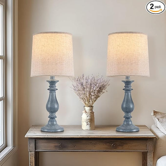 Lamps Set of 2 Vintage Rustic Farmhouse Table Lamps Bedside Reading Lamp Bedroom Nightstand Living Room Teapoy Lamp, Desk Light, 22 Inch High, Navy Blue, with Fabric Shade, Bulb Not Included - Bloomnest