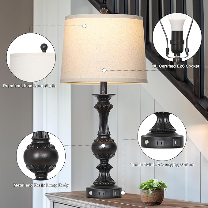 28" Farmhouse Table Lamps Set of 2, Retro Lamps for Living Room with USB C+A Ports & AC Outlet, 3 Way Touch Control Resin Bedside Lamp, Rustic Bedroom Lamp for Nightstand Side End Table Desk, Black - Bloomnest