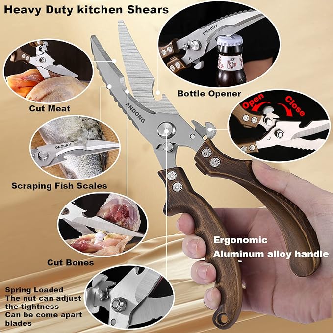 ANDONG Kitchen Shears - Heavy Duty Stainless Steel Poultry, Meat & Bone Scissors with Black Leather Sheath for Food - Bloomnest