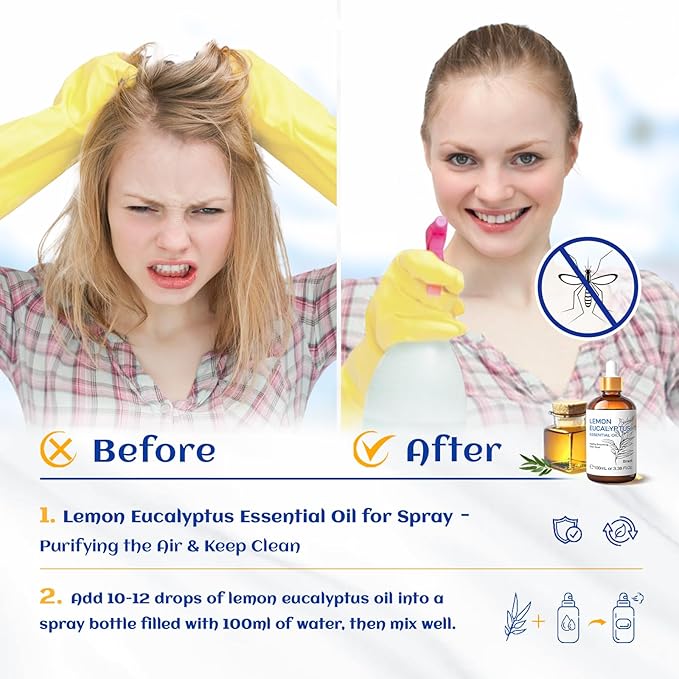 HIQILI Lemon Eucalyptus Oil, for Spary, Diffuser, Indoors, Outdoors, Garden, Yard, 100% Pure Natural - 3.38 Fl Oz - Bloomnest