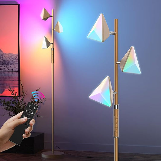 PARTPHONER RGB Tree Floor Lamp for Living Room, Stepless Dimmable Tall Standing Lamp with Remote, Touch Control and 3 Rotatable Light, Bright LED Lights for Bedroom with 4 Color-Changing, Gold - Bloomnest