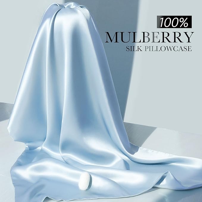 100% Mulberry Silk Pillowcase for Hair and Skin, 22 Momme Pure Natural Silk Pillow Case Both Sided with Zipper, Pillow Cover for Women Mom Men (Light Blue, Queen 20''×30'', 1 Pack) - Bloomnest