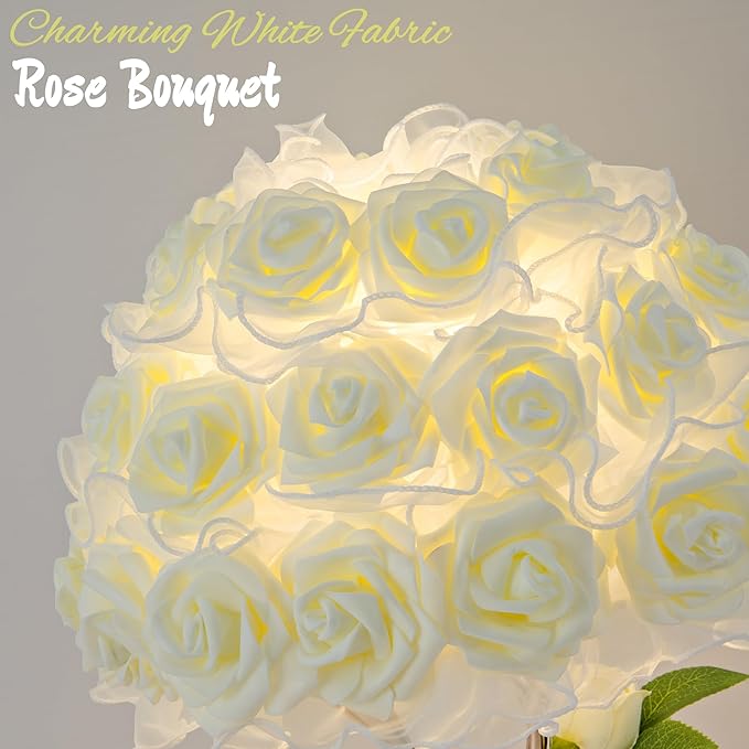 White Flower Lamp Beautiful Rose Bedside Lamp Romantic Bouquet Night Light Rose Flower Table Lamps for Princess Girl Wedding Birthday Christmas Valentine Bedroom Livingroom Office Deco - Bloomnest