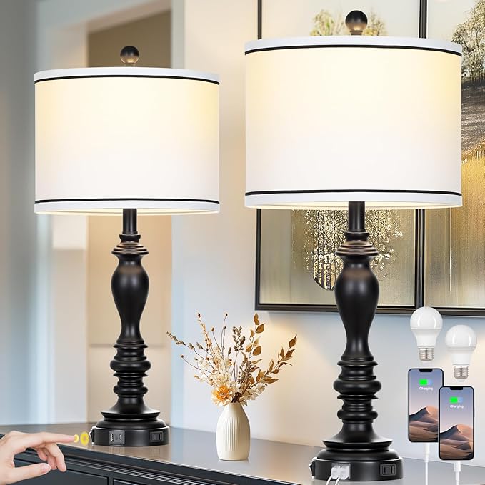 28" Set of 2 Farmhouse Table Lamps for Living room, Bedside Lamp with USB C+A Ports & AC Outlets, Black Vintage End Table Lamps for Bedrooms, Nightstand Lamps Fabric Shades Rustic 2 LED Bulbs Included - Bloomnest