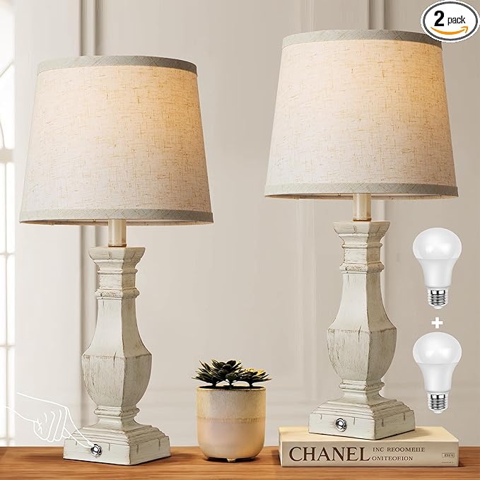 ROTTOGOON Dimmable Table Lamps Set of 2, Rustic Farmhouse Table Lamps for Living Room Bedroom, Bedside Desk Lamps for End Tables, Touch Lamps for Nightstand, 9W Bulbs Included, 22", Antique White - Bloomnest
