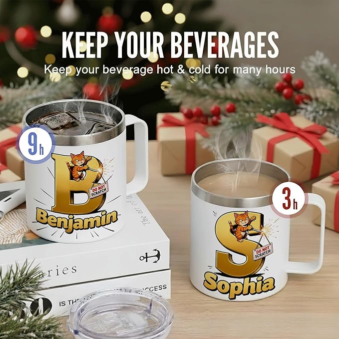 JugJug Personalized Funny Cat Mug with Initial & Name - Naughty 12oz Insulated Coffee Cup w/Lid - Sarcastic Gifts for Cat Lovers, Girls, Women (B172) - Bloomnest