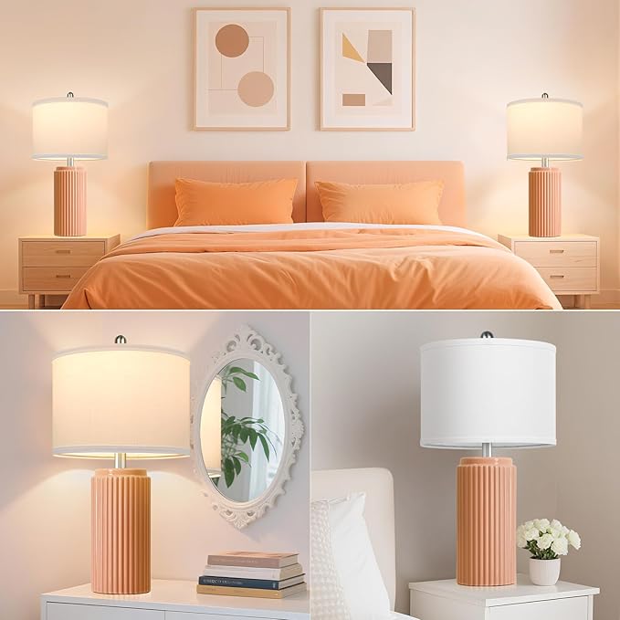 23.5’’ Orange Table Lamps for Bedroom Set of 2, Modern Ceramic Nightstand Lamps for Living Room, Retro Lamps with White Shade Set for Home Office End Table, Farmhouse Bedside Lamps for End Table Dorm - Bloomnest