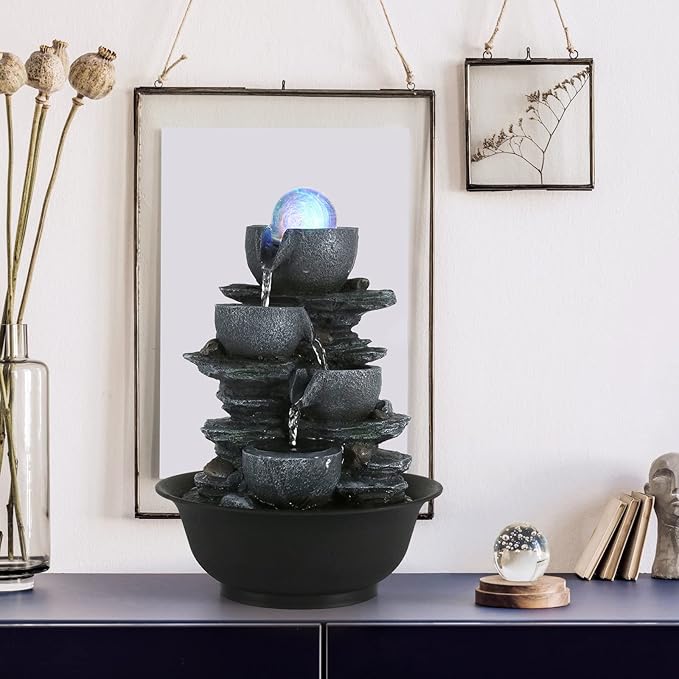 Dyna-Living Tabletop Water Fountain Indoor Waterfalls Fountains with Colored LED Light Decorative Tabletop Fountain with Automatic Pump