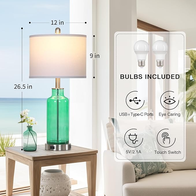 26.5" Coastal Green Glass Table Lamps Set of 2, 3-Way Dimmable Touch Control Bedside Lamps with USB Ports and AC Outlet, Teal Nightstand Lamps for Bedroom Living Room - Bloomnest