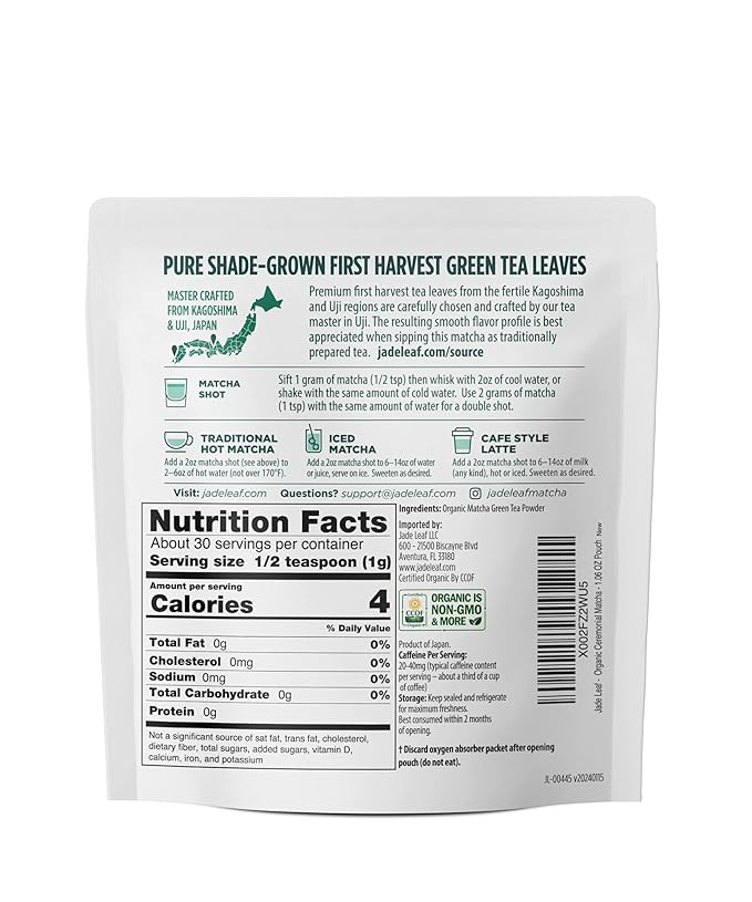 Jade Leaf Matcha Organic Premium Ceremonial Grade Matcha Green Tea Powder - Japanese - Culinary, Ingredient, Ceremonial Barista Teahouse, Latte, Collagen, 1.06 Ounce (Pack of 1), Ceremonial Teahouse - Bloomnest