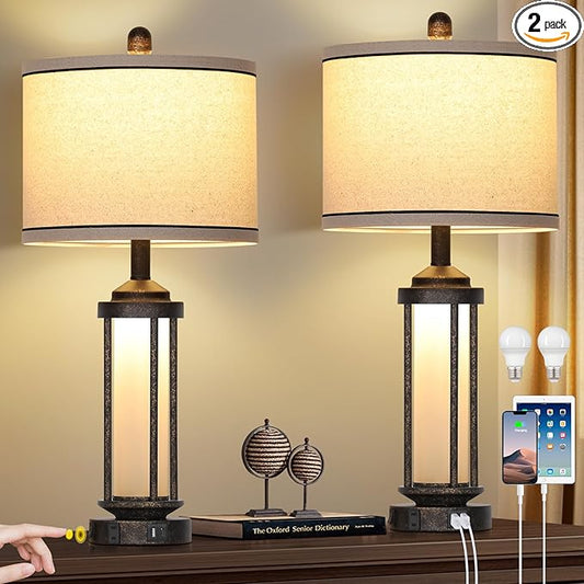 27" Farmhouse Industrial Table Lamps, Vintage Rustic Retro Beside Lamps with USB A+C Charging Ports & AC Outlet, Modern Nightstand Lamps with Glass LED Night Light for Living Room Bedrooms End Table - Bloomnest