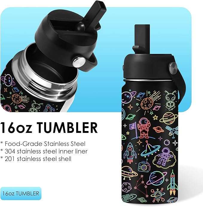 Space Gifts for Kids - 16oz Insulated Water Bottle with Straw Lid, Stainless Steel Leakproof Tumbler, Leak Proof, BPA-Free, for Boys Daily Use, Travel - Space Lovers Children Birthday Gift Cup (1pc) - Bloomnest