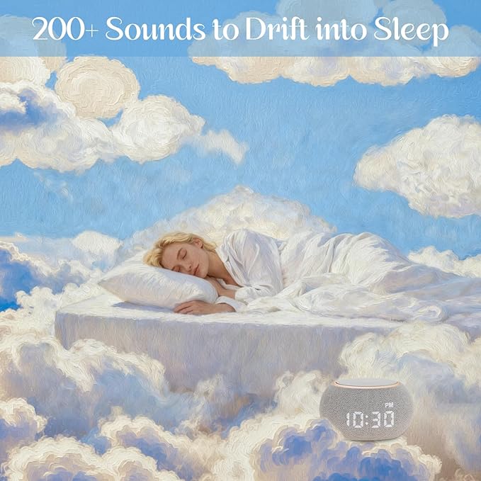 White Noise Sound Machine for Sleep, Dual-Stage Alarm&Snooze, Smart App Control, Custom Buttons, 500+ Non Looping Soothing Sounds, Dimmable Clock, Timer, Night Light, Lullaby, for Baby Adults Kids - Bloomnest