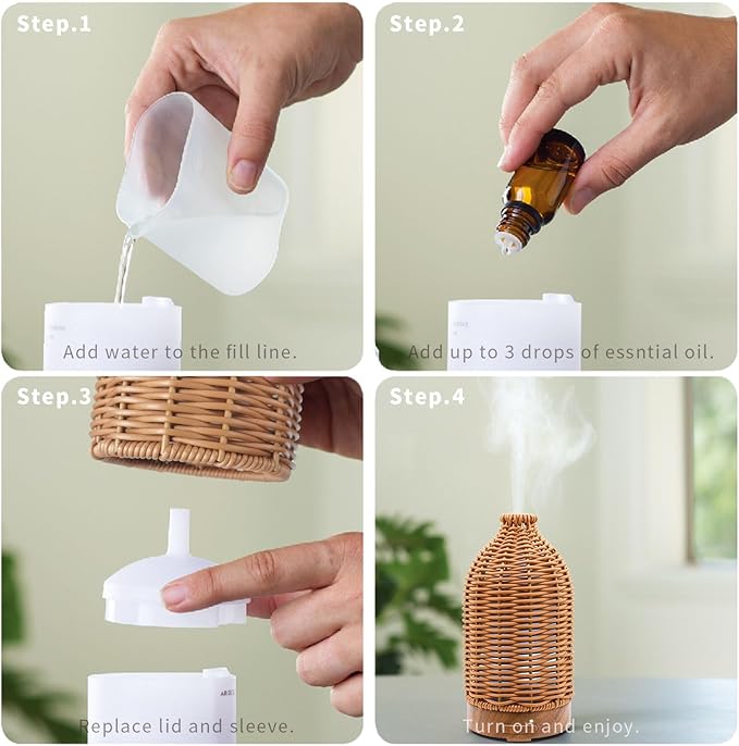 Essential Oil Diffuser - Multifunction Aromatherapy Diffuser 7 LED Color Changing Light 100ML Rattan Diffuser Easy to Clean Suitable for Home,Office (Tan) - Bloomnest