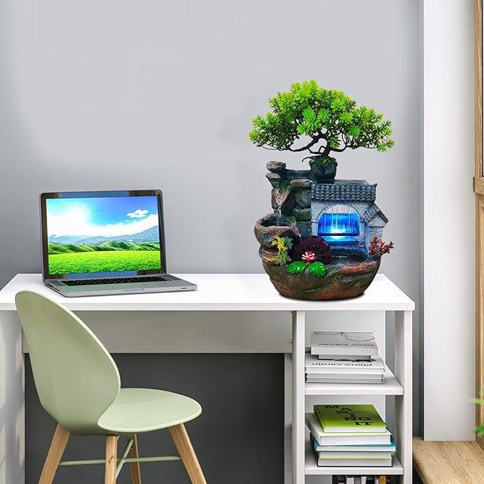 11" Desktop Fountain Rock Waterfall Humidifier with Artificial Tree &LED Light, Tabletop Water Fountains Indoor Fake Plant Bonsai Tree Feng Shui Decoration for Aquariums Office Bedroom Home Décor - Bloomnest