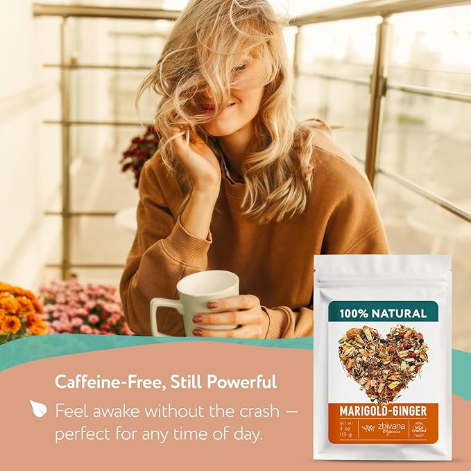 Premium Ginger Loose Leaf Tea with Marigold, Chamomile, Elderflower - Caffeine Free Herbal Tea with Real Herbs & Fruit – Te de Jengibre – 4oz. - Bloomnest