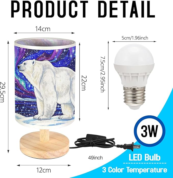 Polar Bear Table Lamp LED 3-Color Pressed Bedside for Merry Christmas, Polar Bear Shade Christmas Table Lamp with Wood Base for Bedroom Living Room Desk Office - Bloomnest