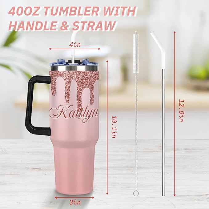 Personalized Glitter Tumbler with Handle and Straw Lid, Custom 40 Oz Cup with Name for Women, Customized Stainless Steel Travel Coffee Tumbler, Personalized Gifts for Birthday Christmas Anniversary - Bloomnest