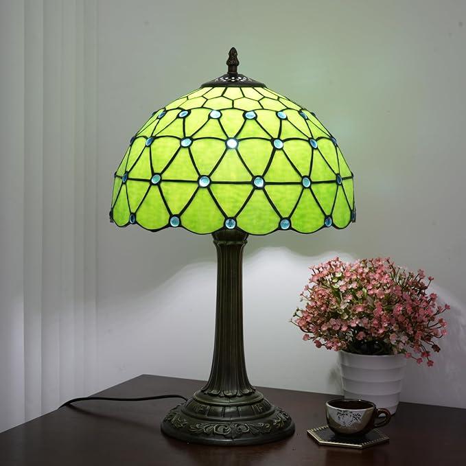 Green Tiffany Lamp For Bedrooms Bedside Stained Glass Table Lamp Farmhouse Lamps Night Stands Retro Traditional Nightstand Desk Decor Blue Beads Side Living Room End Desk Reding Lighting 12x12x19 Inch - Bloomnest