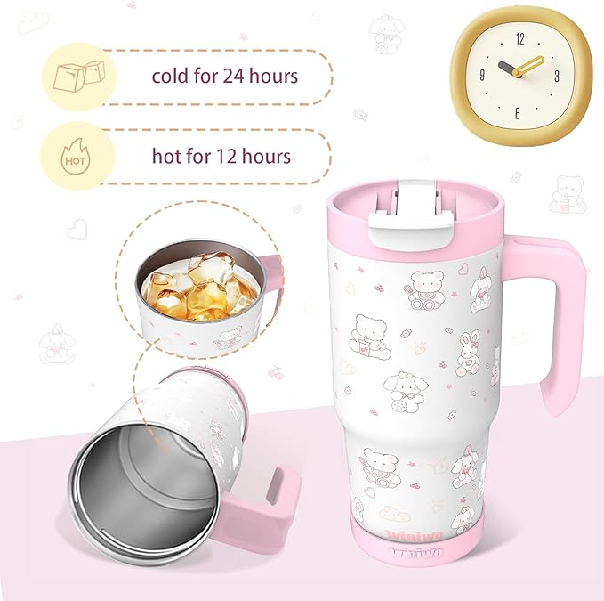 22 oz Tumbler with Handle for Kids, Easy to Hold, Spill-proof, Insulated Cups with Sip/Swig 2-in-1 Lid, Fit Most Car Cup Holders,School, Home,travel,Pink Rabbit - Bloomnest
