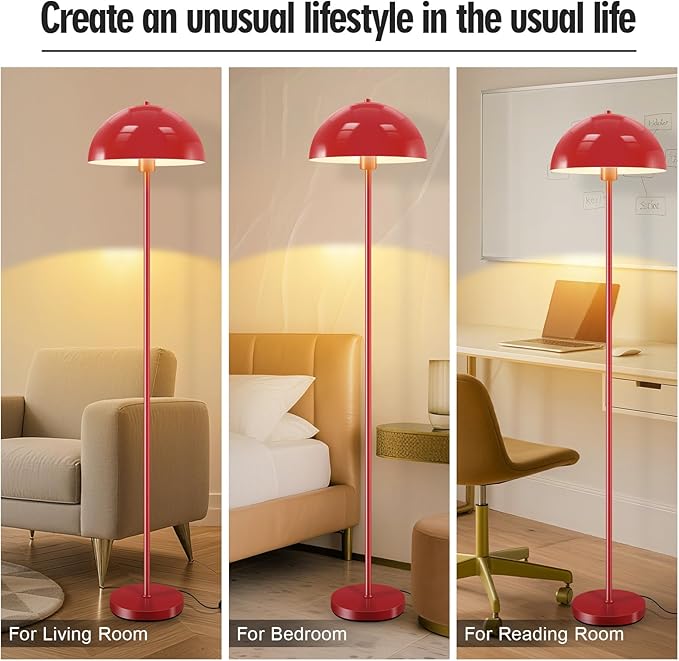 Industrial Floor Lamp, Red Floor Lamp for Living Room, 66Inch Tall Modern Standing Lamp, Stand Up Lamp with Metal Dome Shade, Mid Century Corner Reading Lamp for Bedroom Office Nursery Room, NO BULB - Bloomnest