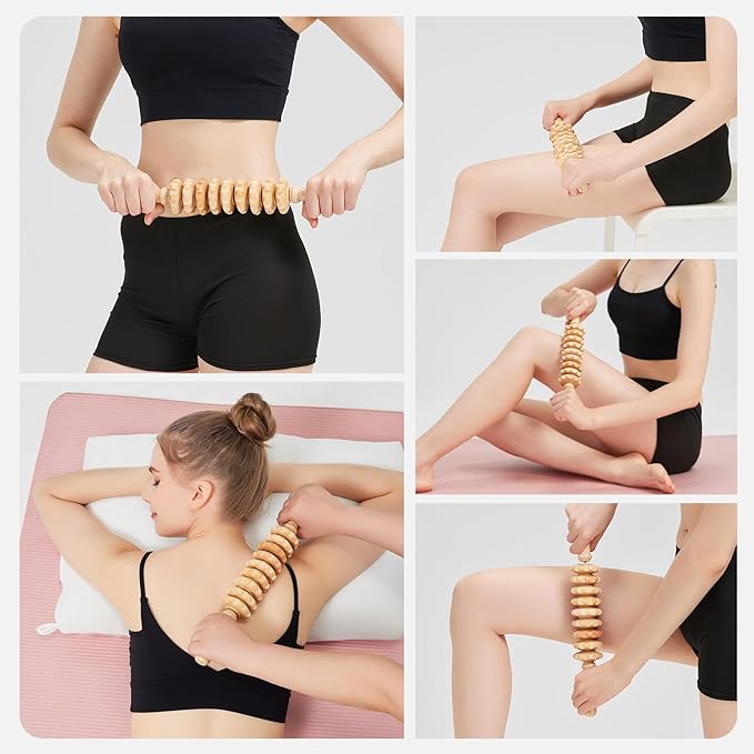 Wooden Cellulite Massage Roller for Legs and Thighs - Handheld Fascia Blaster Tool for Muscle Relief, Lymphatic Drainage & Body Sculpting - Anti Cellulite Massager for Women and Men (9 Wheel) - Bloomnest