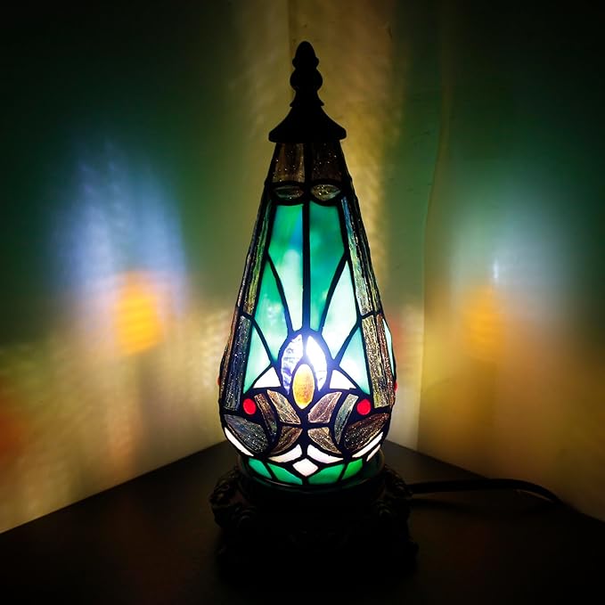 Small Tiffany Lamp Stained Glass Table Lamp 5.5X11 Inch Christmas Tree Lighthouse Mini Accent Memory Sympathy Antique Night Light for Bedroom Living Room (Green Liaison)